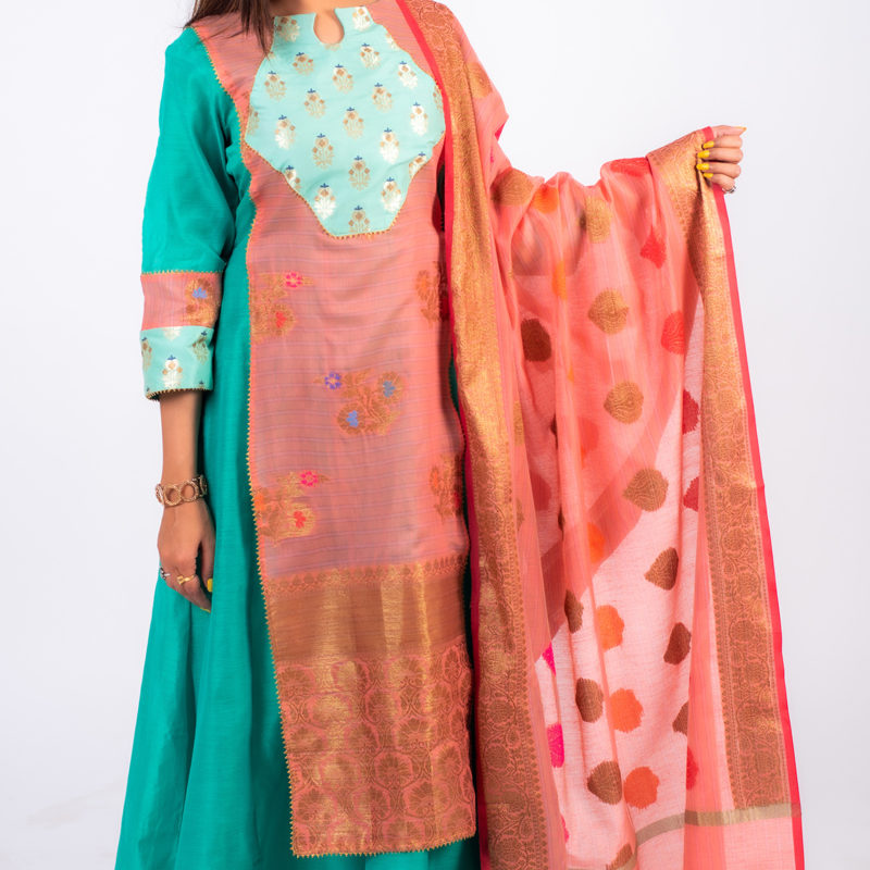 Green and pink Chanderi suit.