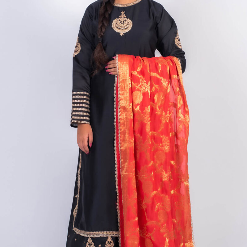 Black and red sharara suit with dupatta