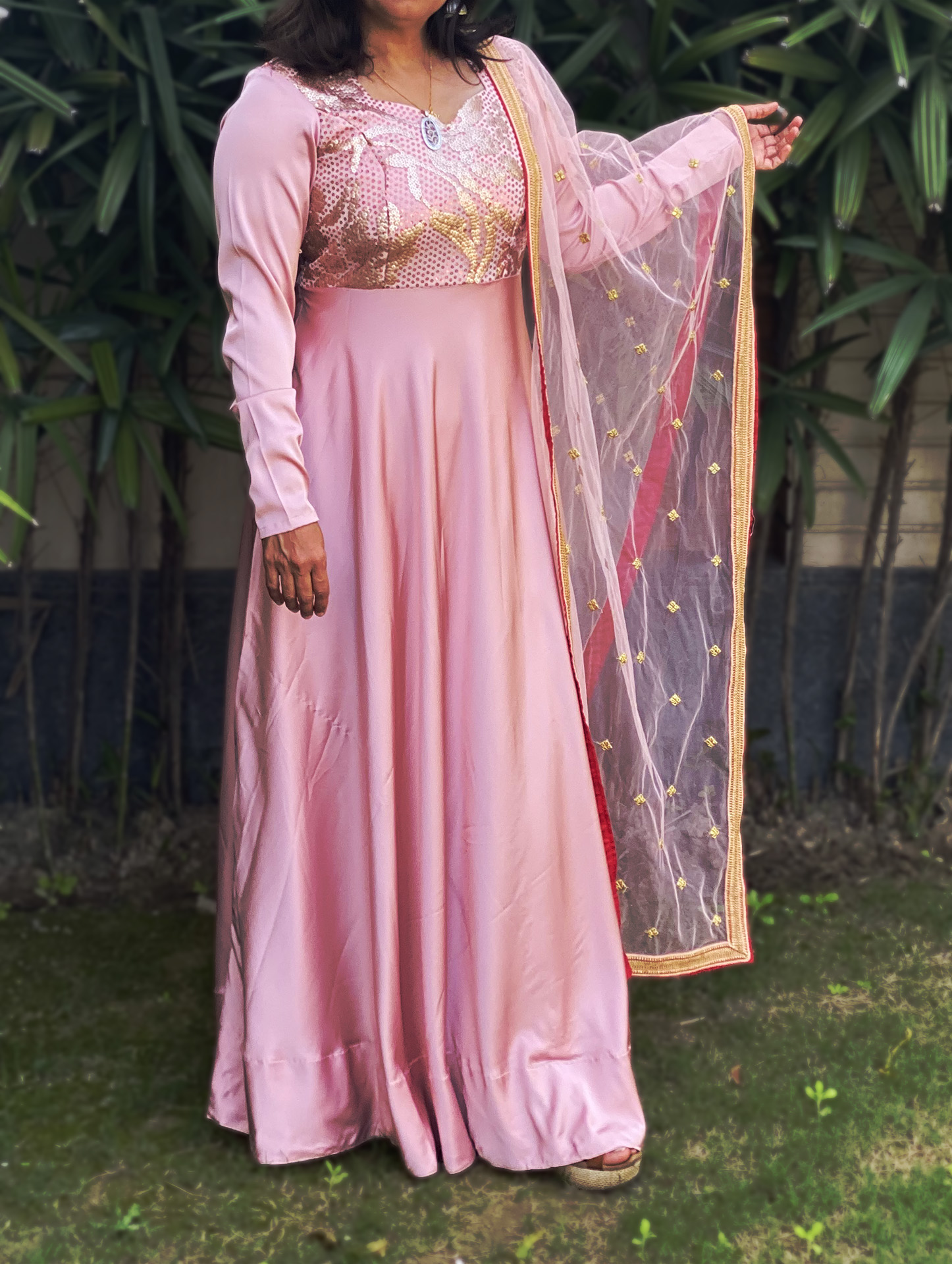 Onion Color Anarkali Gown in Faux Georgette with Sequence Em