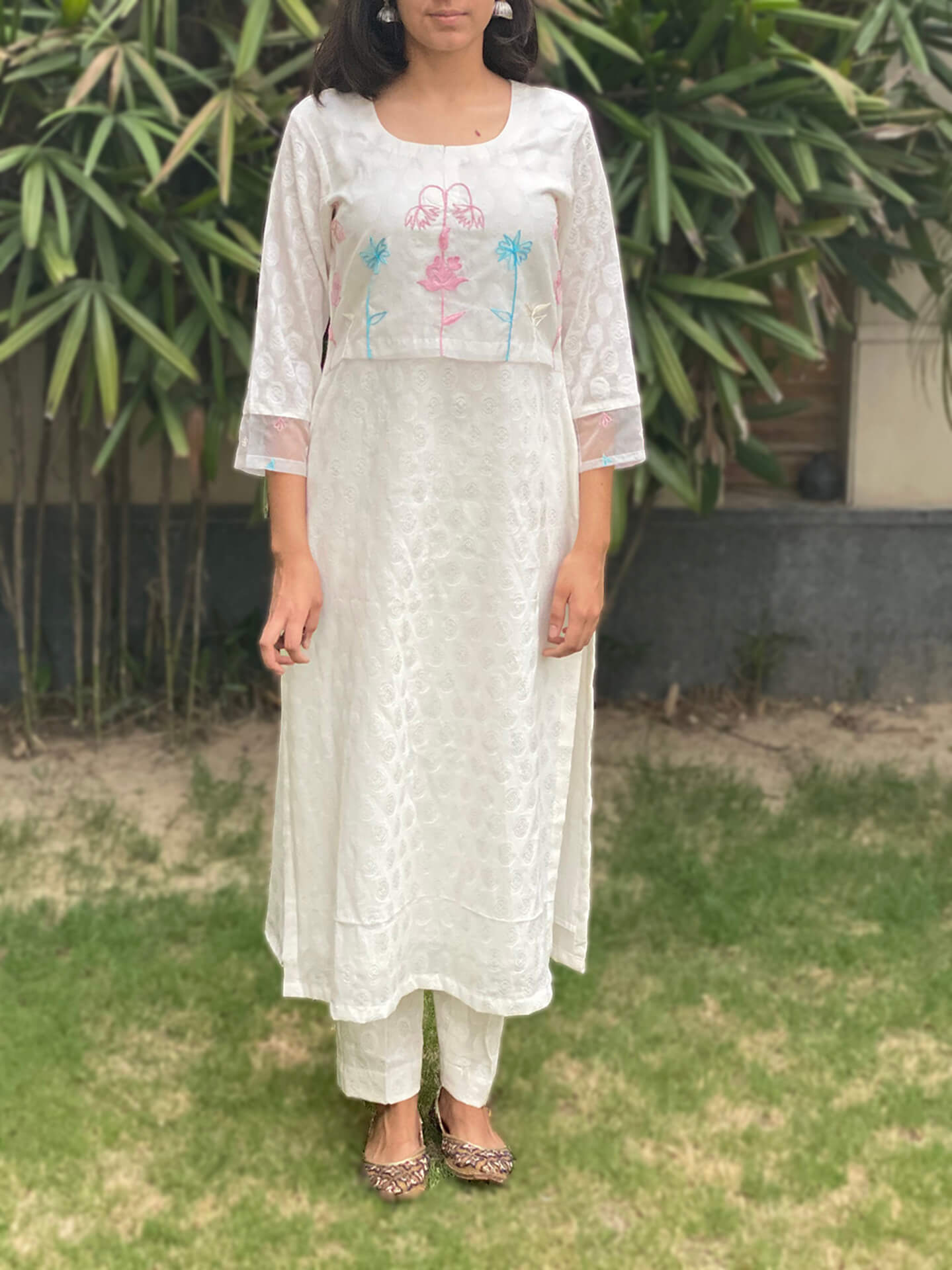 Off White Floral Printed Long Kurti in Georgette - KRTEI1594 from...
