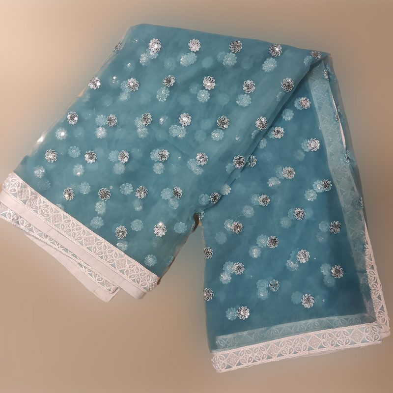 Blue colour net sequence embroidered dupatta