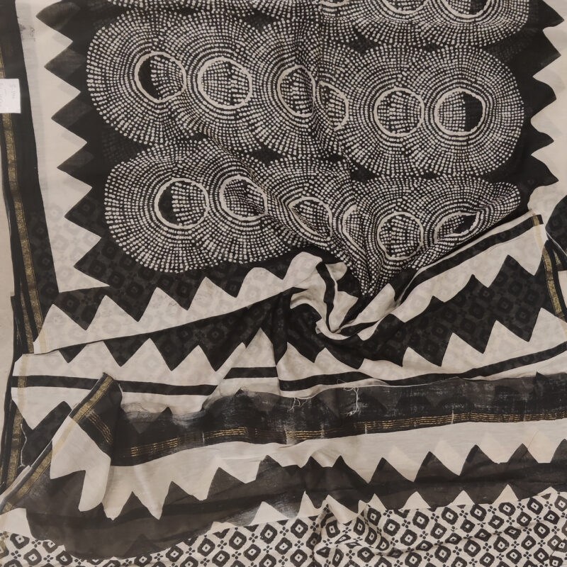 Chanderi Cotton Printed Black & White Saree