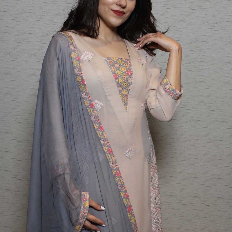 Biege and Pink Colour Suit with Palazzo and Dupatta