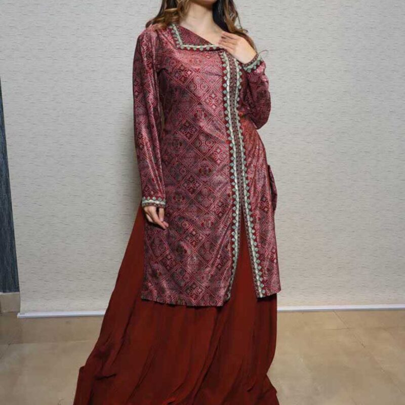 Mehroon Embroidered Suit with Skirt