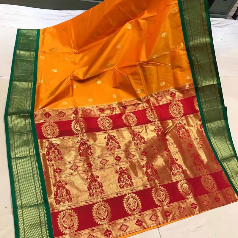 Yellow orange with green and red contrast cotton silk paithni saree
