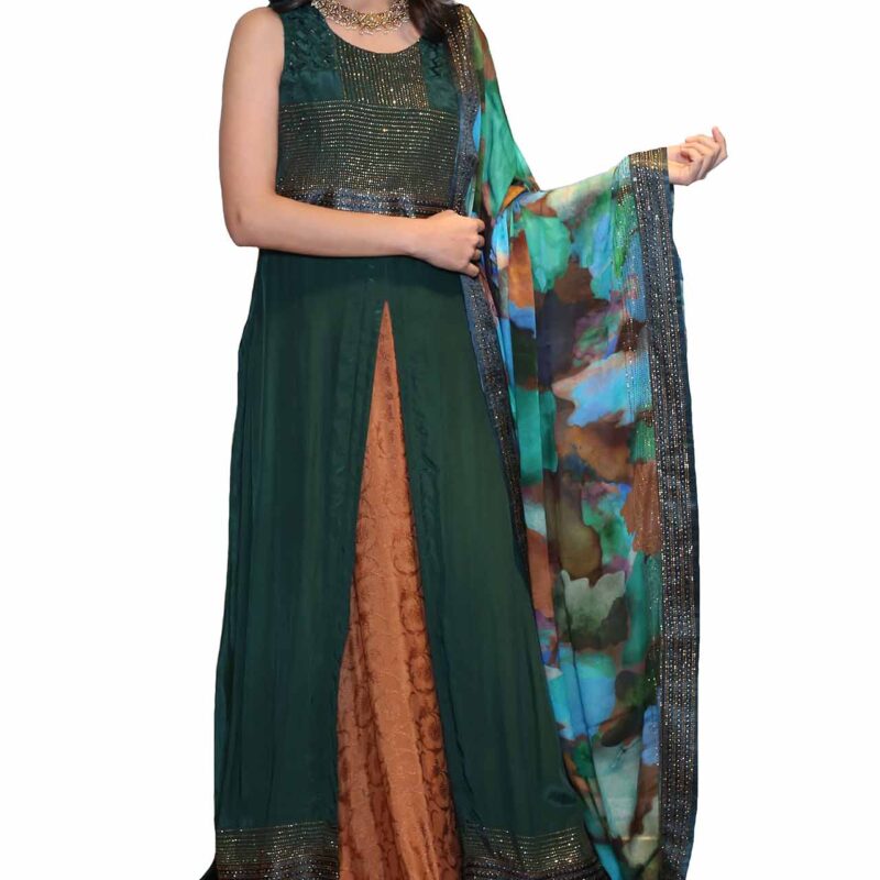 Bottle Green And Brown Colour Dress With Dupatta