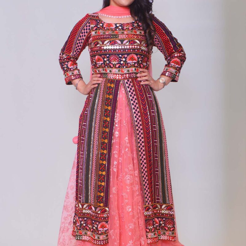 Red and Pink Embroidred Suit With Skirt