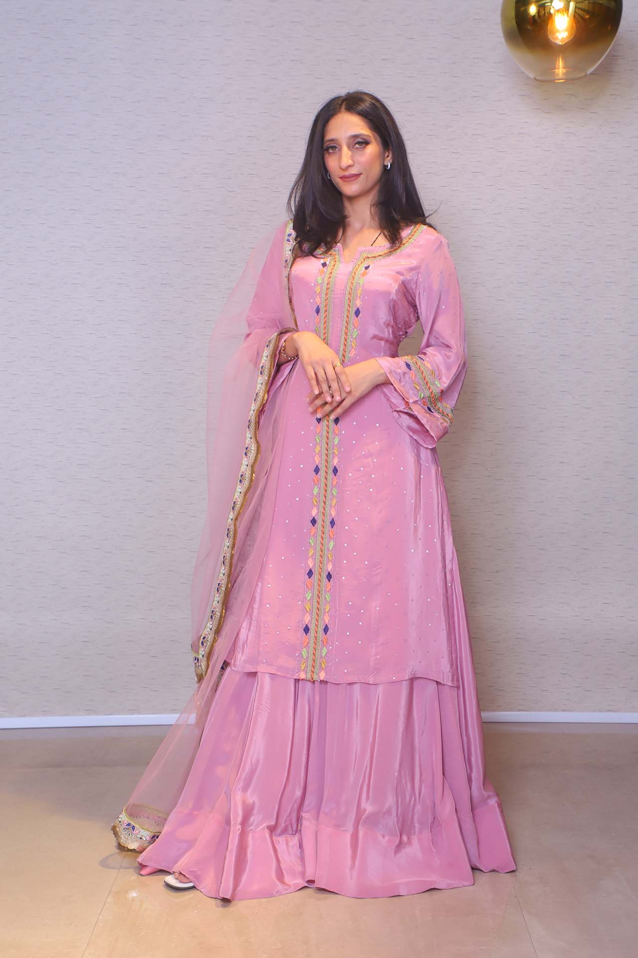 Buy Onion Pink Sequins Georgette Readymade Sharara Suit - Koskii