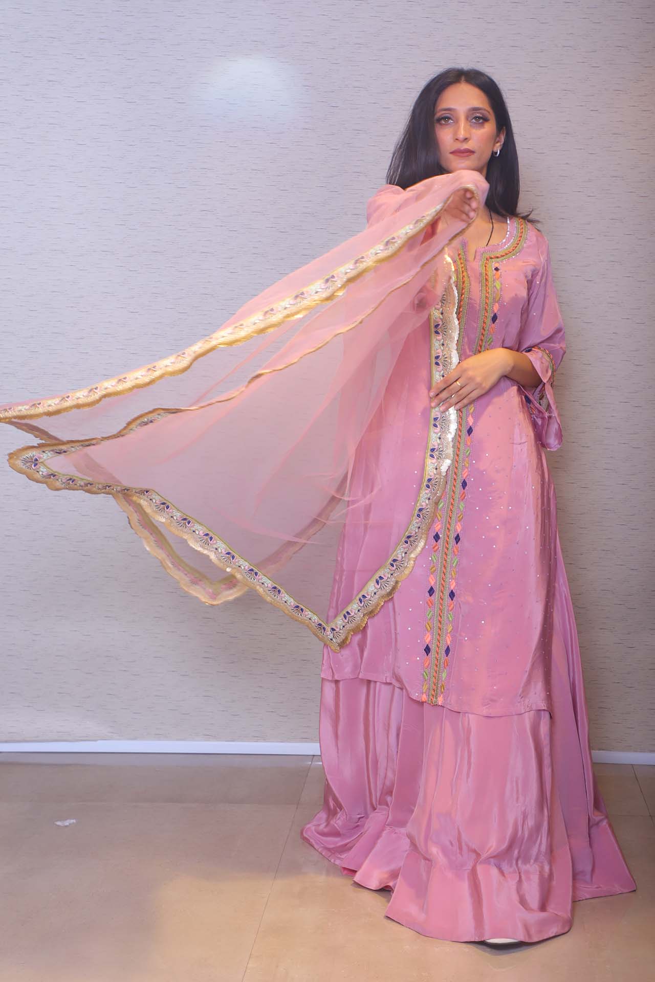 Dark onion pink georgette embroidered semi stitched salwar with dupatta -  Home Deal - 2575370